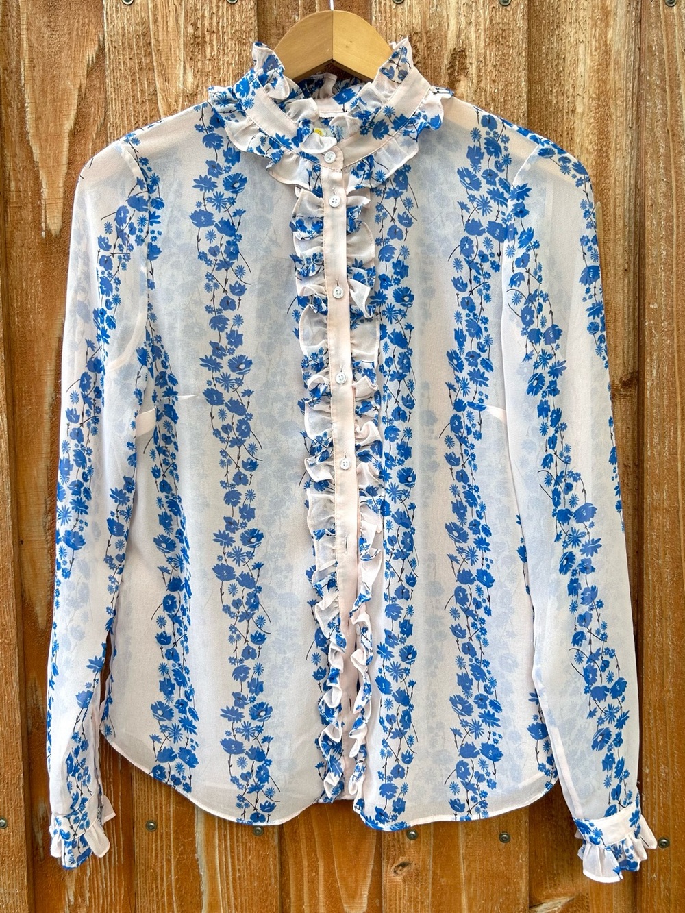 Boden Light Pink Blue Floral Ruffle Buttondown Top Preppy British Style Size 6 - Picture 2 of 7